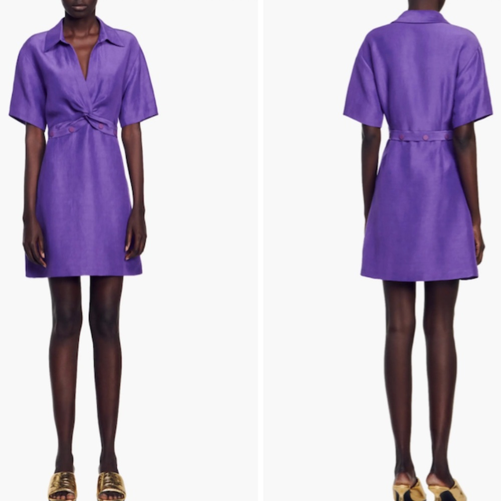 SANDRO Luce Twisted Collared Linen Blend Sheath Dress Size 34